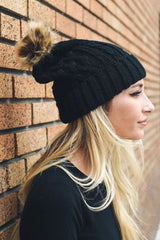Cable Knit Beanie with Faux Fur Pom - Boho Clothing and Accessories - Flyclothing LLC