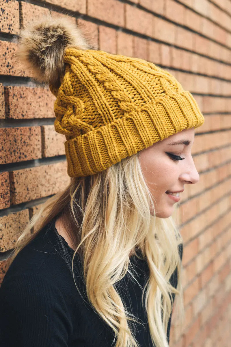 Cable Knit Beanie with Faux Fur Pom - Boho Clothing and Accessories - Flyclothing LLC