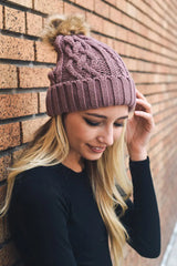 Cable Knit Beanie with Faux Fur Pom - Boho Clothing and Accessories - Flyclothing LLC