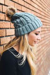 Cable Knit Beanie with Faux Fur Pom - Boho Clothing and Accessories - Flyclothing LLC