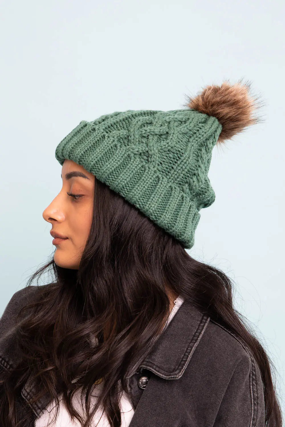 Cable Knit Beanie with Faux Fur Pom - Boho Clothing and Accessories - Flyclothing LLC