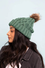 Cable Knit Beanie with Faux Fur Pom - Boho Clothing and Accessories - Flyclothing LLC