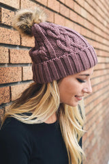 Cable Knit Beanie with Faux Fur Pom - Boho Clothing and Accessories - Flyclothing LLC