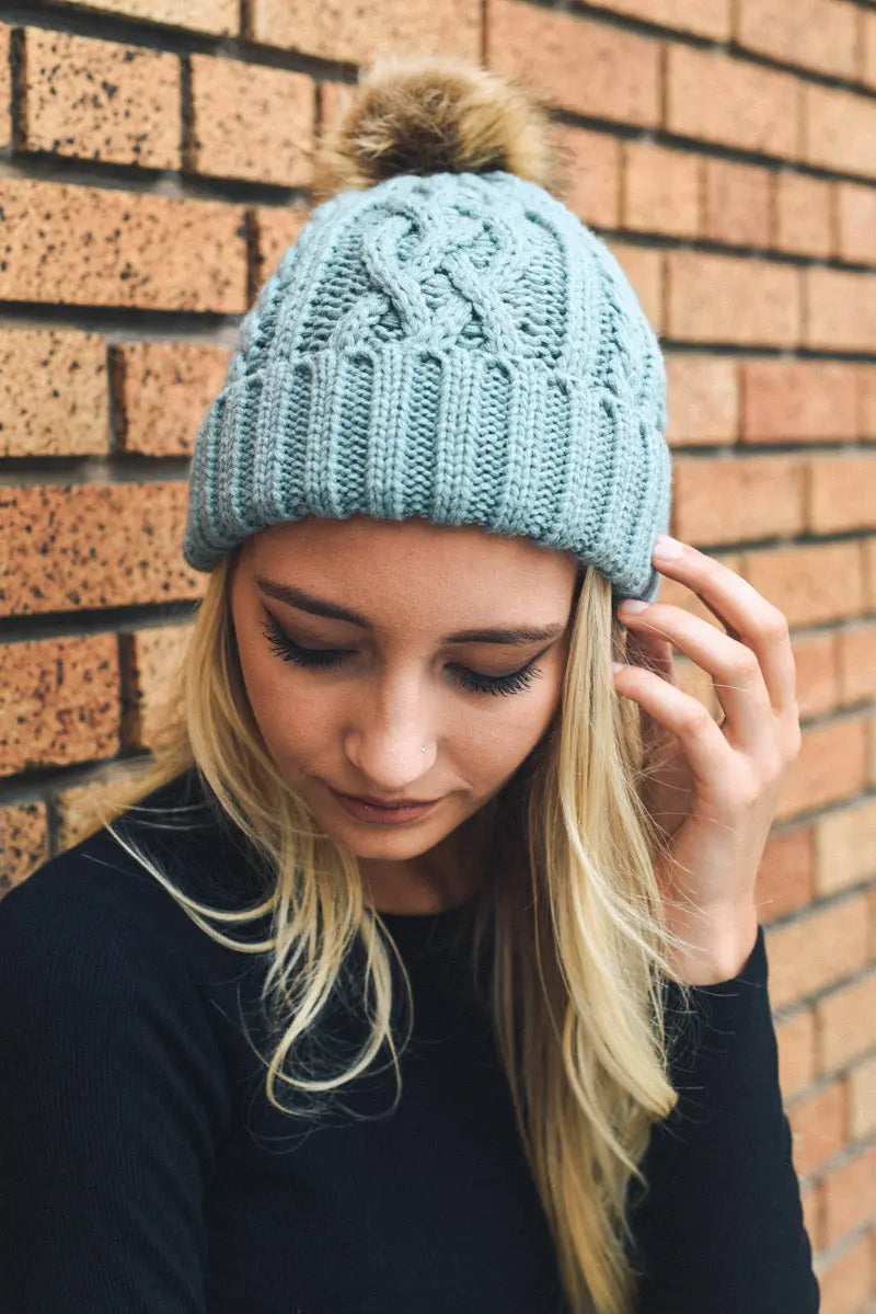 Cable Knit Beanie with Faux Fur Pom - Boho Clothing and Accessories - Flyclothing LLC