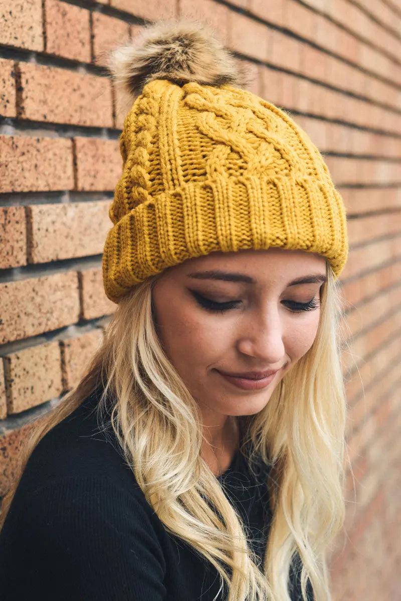 Cable Knit Beanie with Faux Fur Pom - Boho Clothing and Accessories - Flyclothing LLC