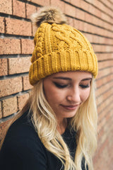 Cable Knit Beanie with Faux Fur Pom - Boho Clothing and Accessories - Flyclothing LLC