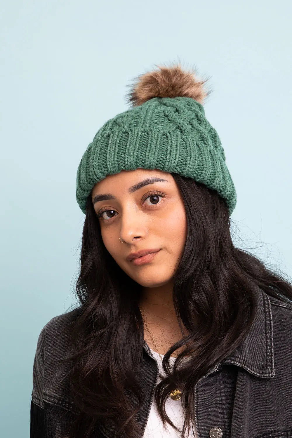 Cable Knit Beanie with Faux Fur Pom - Boho Clothing and Accessories - Flyclothing LLC