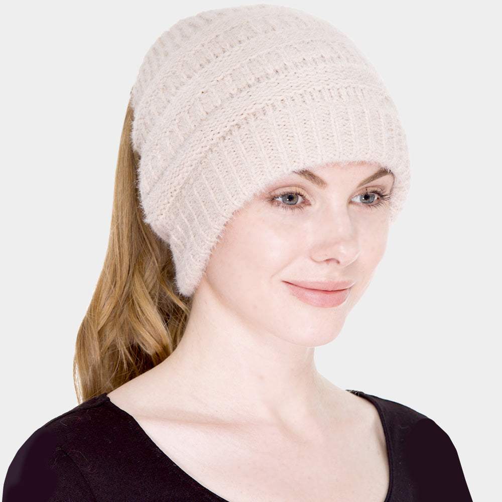 Cable Knit Ponytail Beanie Hat - Madeline Love - Flyclothing LLC