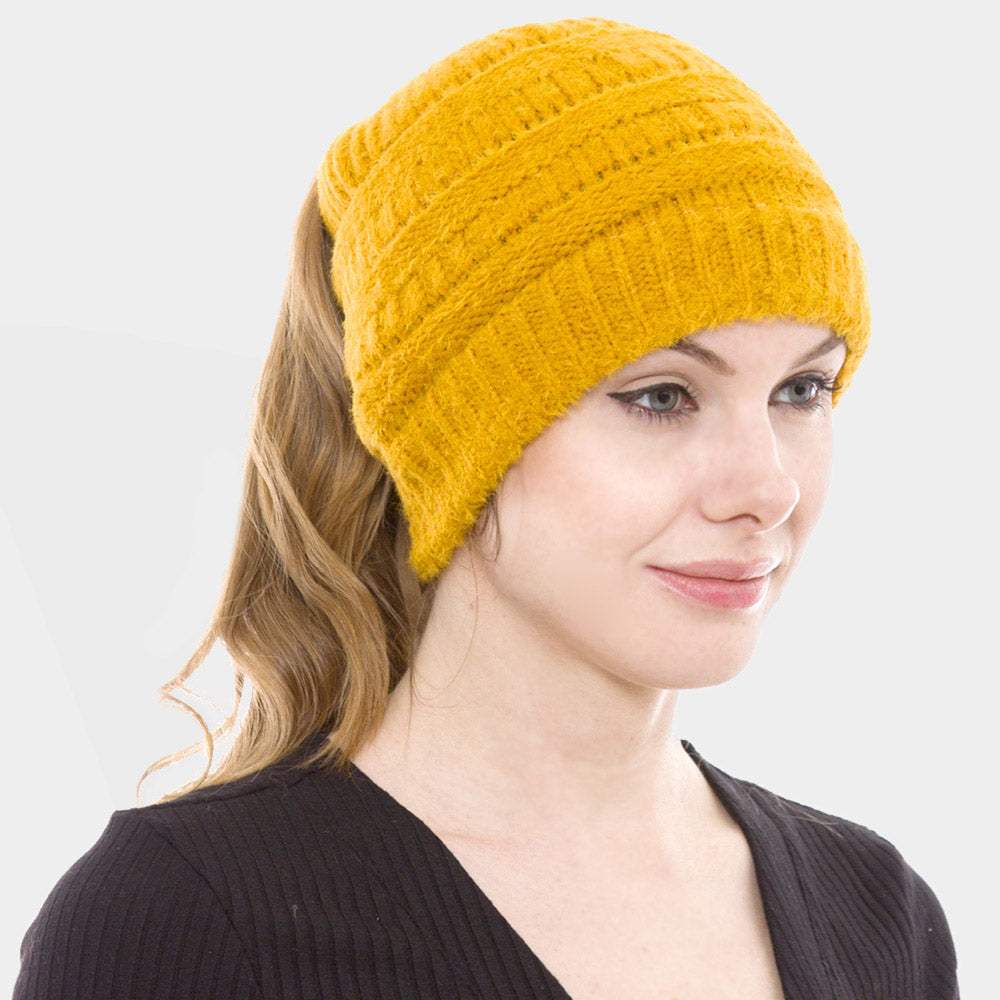 Cable Knit Ponytail Beanie Hat - Madeline Love - Flyclothing LLC