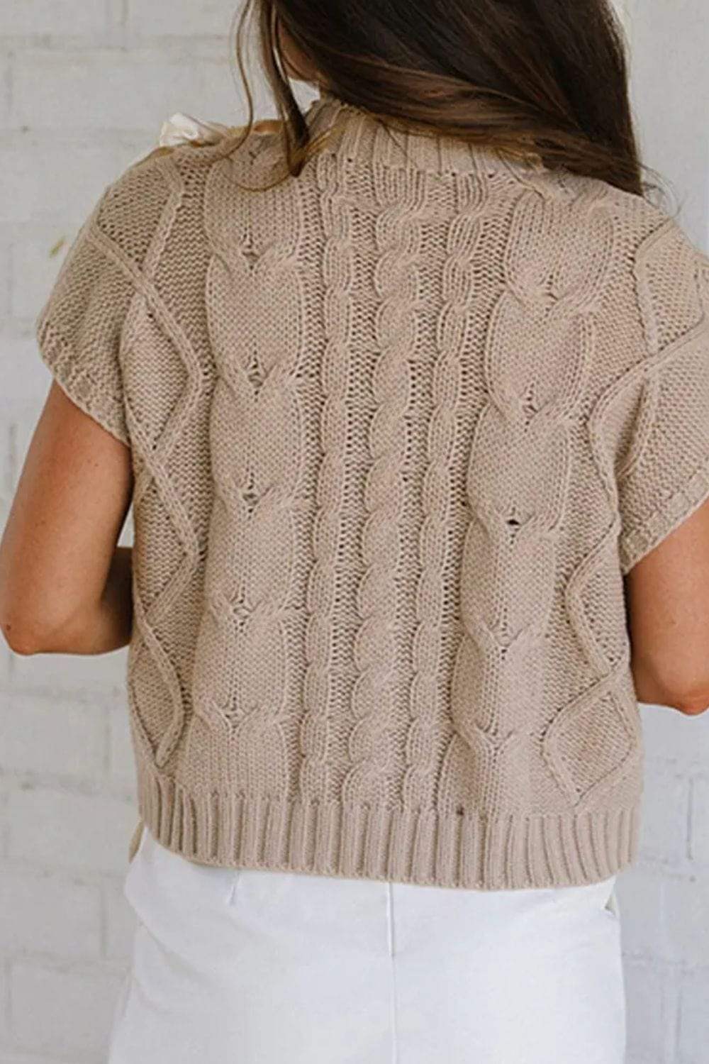 Cable-Knit Tied Mock Neck Short Sleeve Sweater - Trendsi - Flyclothing LLC