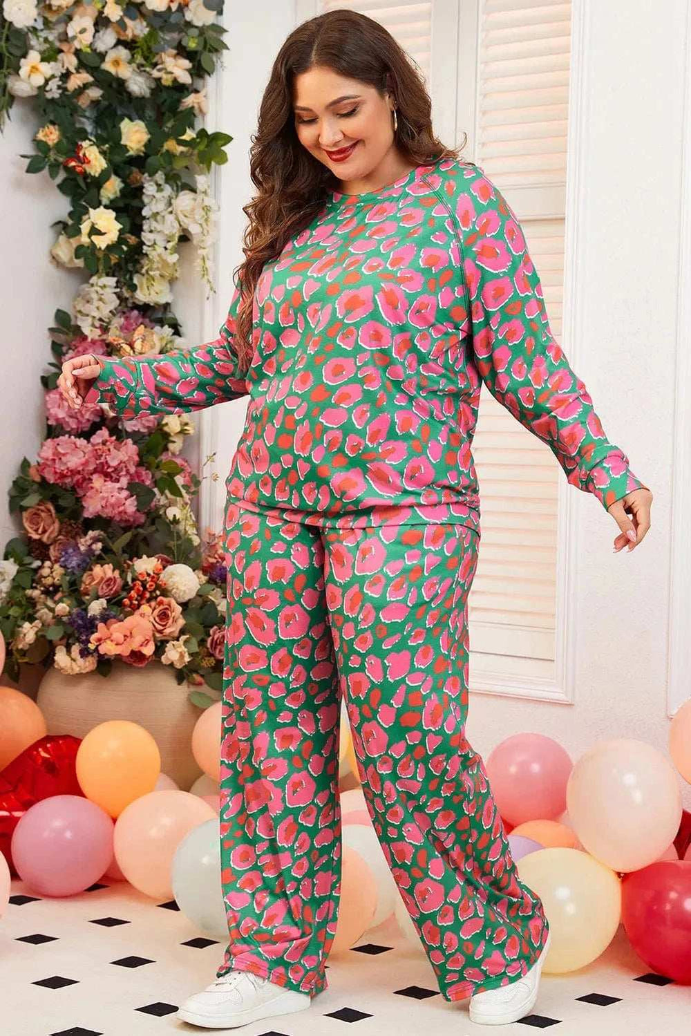 Plus Size Printed Round Neck Long Sleeve Top and Pants Set - Trendsi - Flyclothing LLC