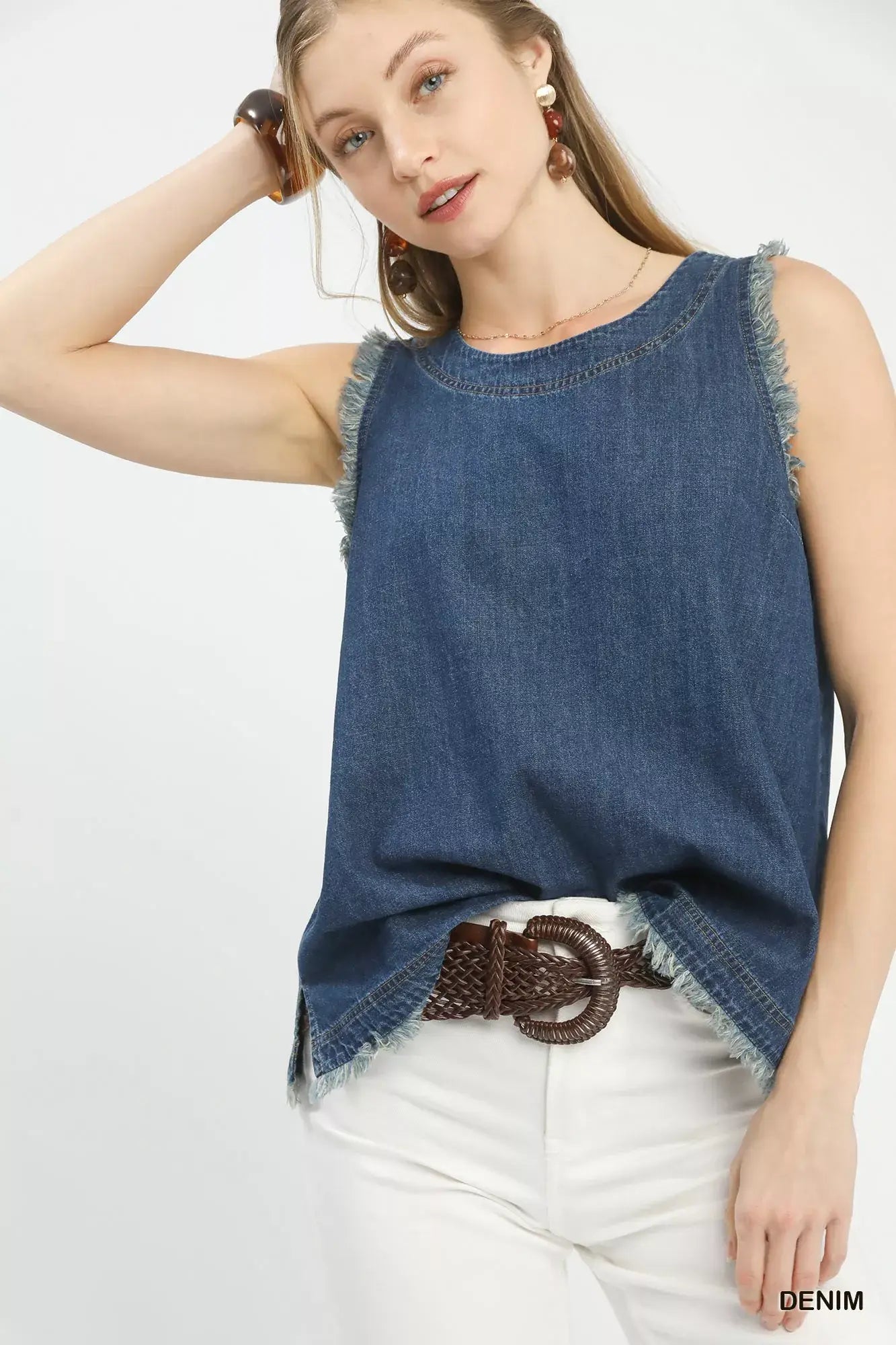 Umgee Sleeveless Fringe Hem Denim Top - Trendsi - Flyclothing LLC