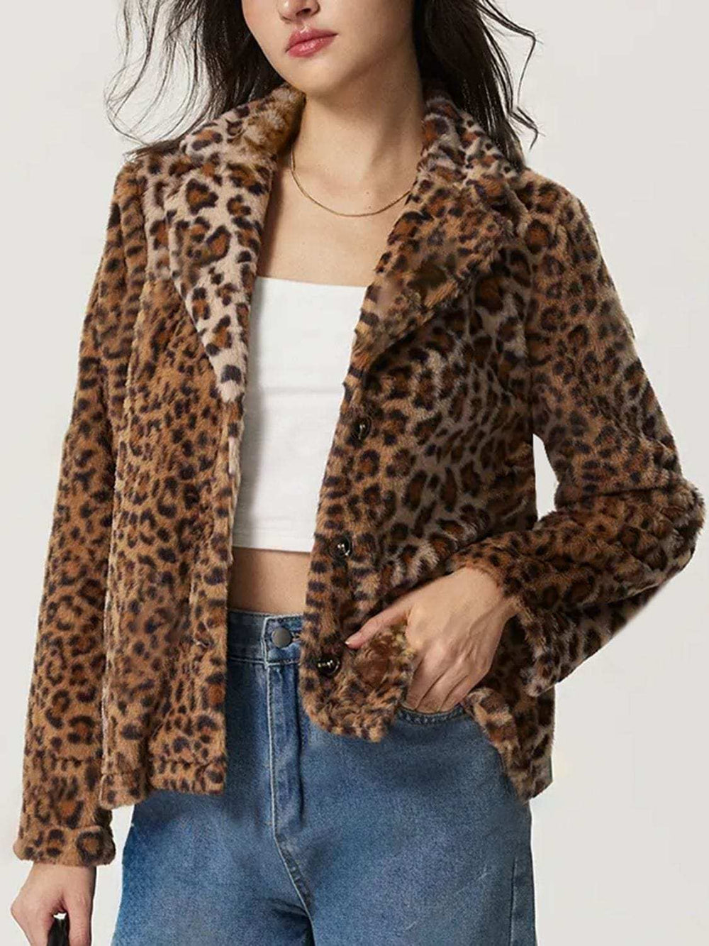 Fuzzy Leopard Collared Neck Jacket - Trendsi - Flyclothing LLC