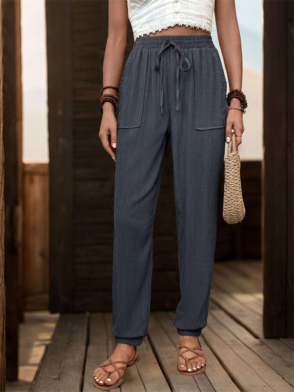 Textured High Waist Joggers - Trendsi - Flyclothing LLC