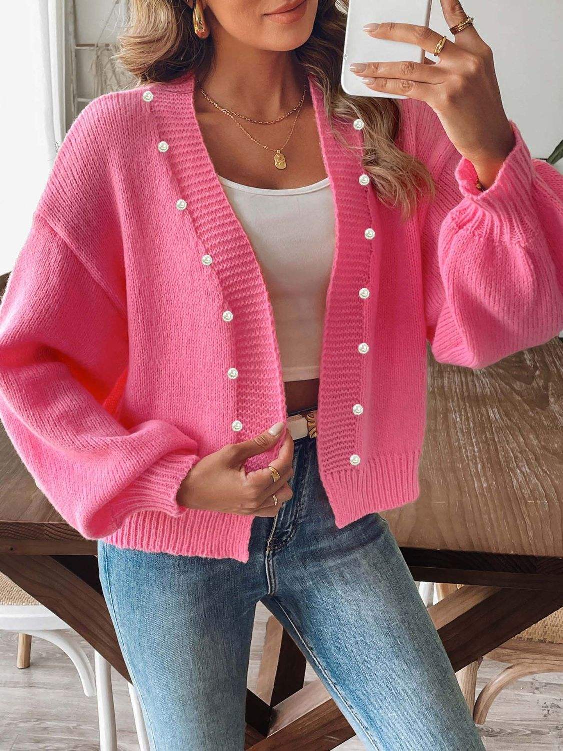 Pearl Open Front Long Sleeve Cardigan - Trendsi - Flyclothing LLC