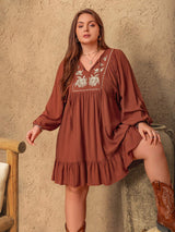 Plus Size Embroidered Tie Neck Balloon Sleeve Mini Dress - Trendsi - Flyclothing LLC