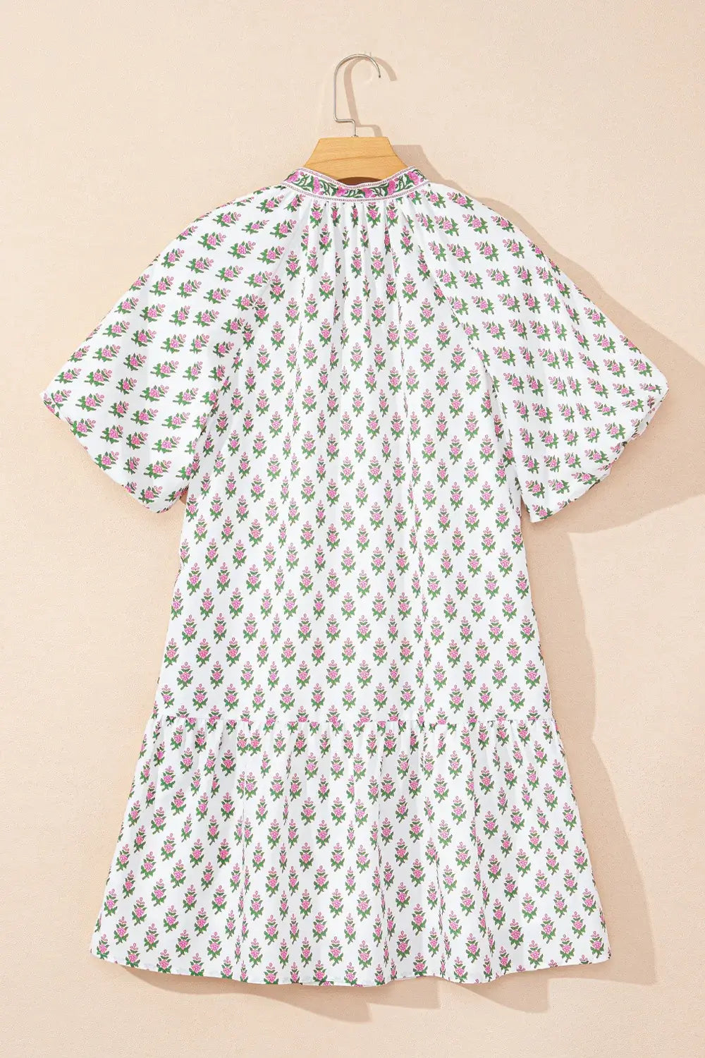 Floral Print Puff Sleeve Tie Neck Ruffled Hem Dress - Trendsi - Flyclothing LLC