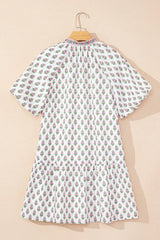 Floral Print Puff Sleeve Tie Neck Ruffled Hem Dress - Trendsi - Flyclothing LLC