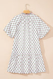 Floral Print Puff Sleeve Tie Neck Ruffled Hem Dress - Trendsi