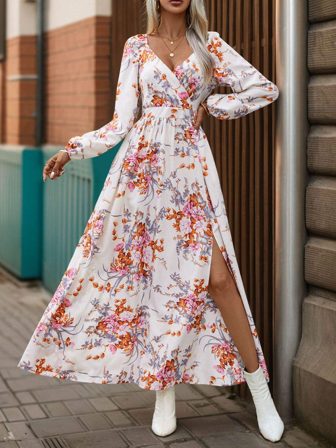 Slit Printed Surplice Long Sleeve Maxi Dress - Trendsi - Flyclothing LLC