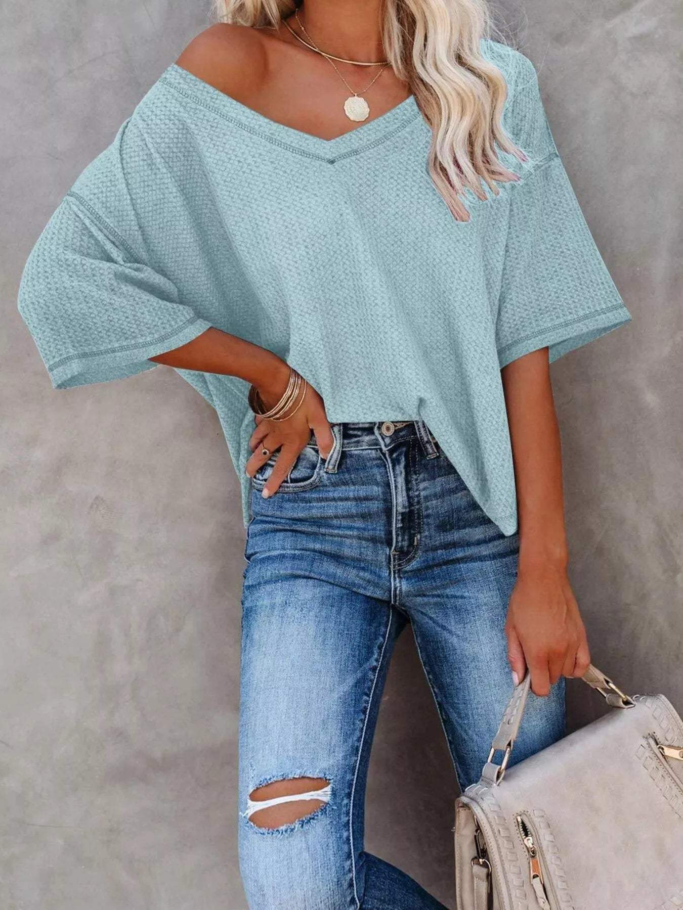 Waffle Knit V-Neck Short Sleeve T-Shirt - Trendsi - Flyclothing LLC