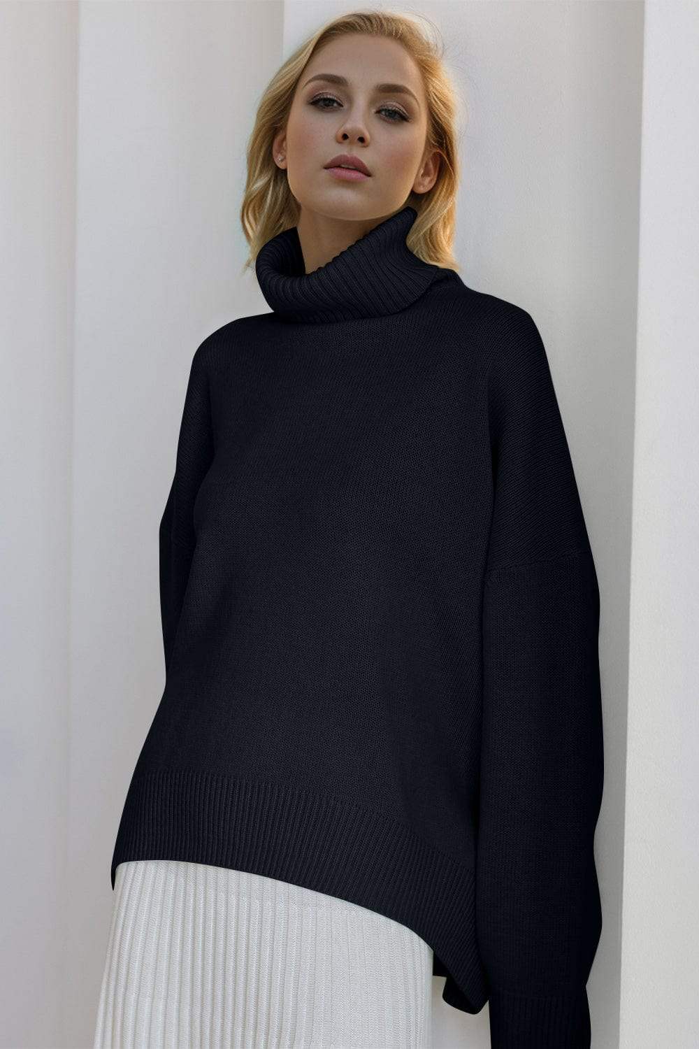 Basic Bae Turtleneck Dropped Shoulder Long Sleeve Sweater - Trendsi - Flyclothing LLC