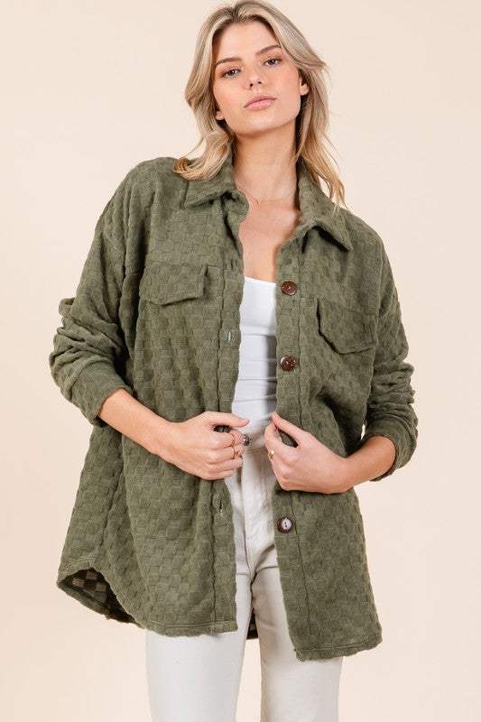 BOMBOM Checkered Button Down Dropped Shoulder Shacket - Trendsi - Flyclothing LLC