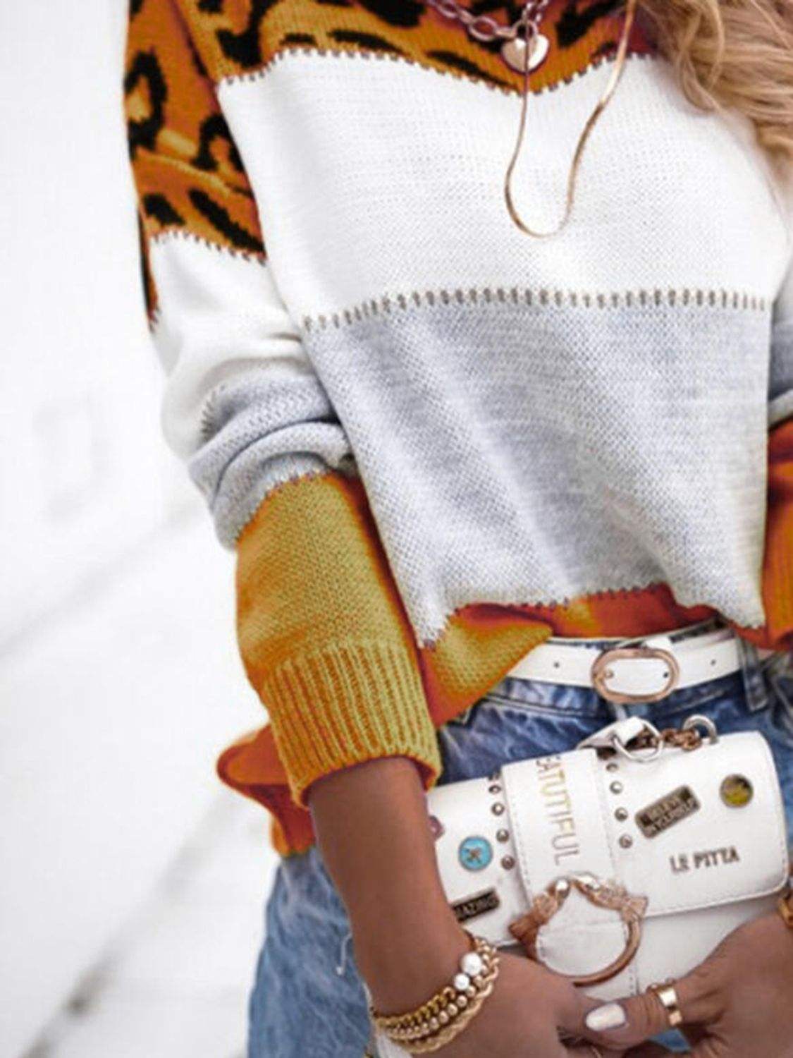 Leopard Color Block Round Neck Long Sleeve Sweater - Trendsi - Flyclothing LLC