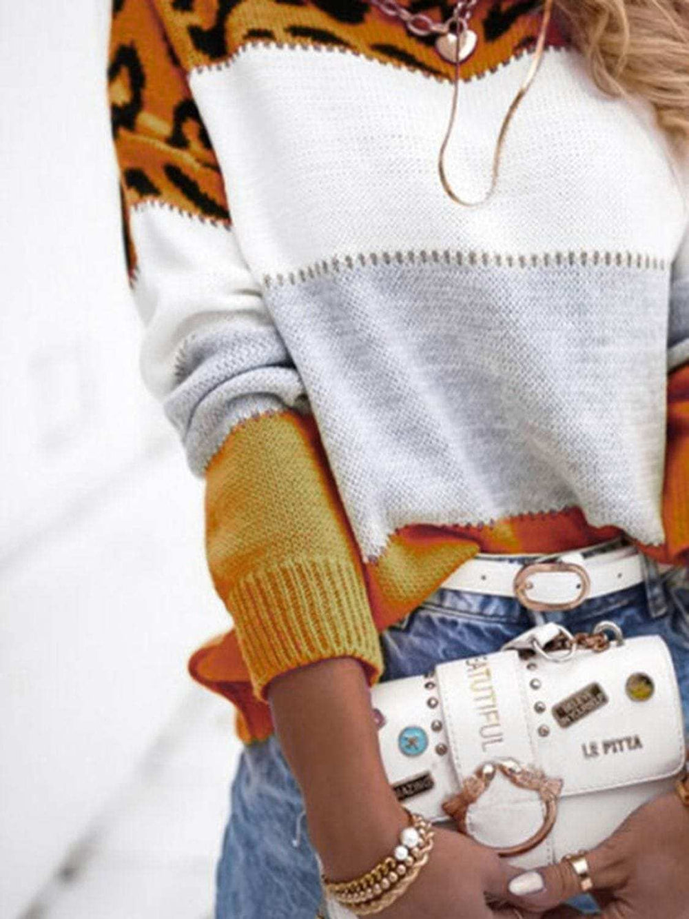 Leopard Color Block Round Neck Long Sleeve Sweater - Trendsi - Flyclothing LLC