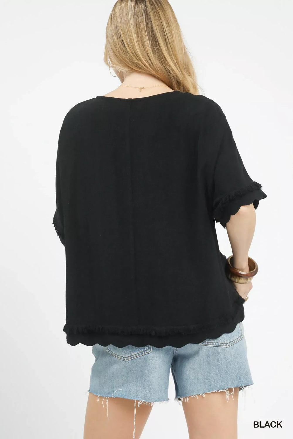 Umgee Linen Frayed Hem Scallop Edge Top - Trendsi - Flyclothing LLC