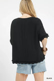 Umgee Linen Frayed Hem Scallop Edge Top - Trendsi - Flyclothing LLC