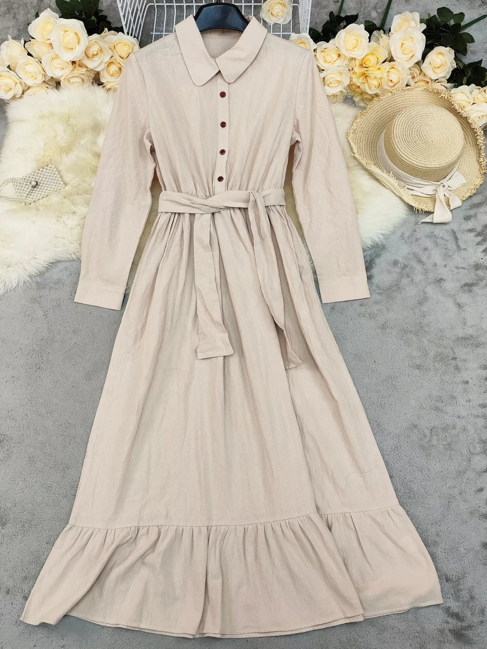 Tie Waist Long Sleeve Ruffled Hem Dress - Trendsi - Flyclothing LLC