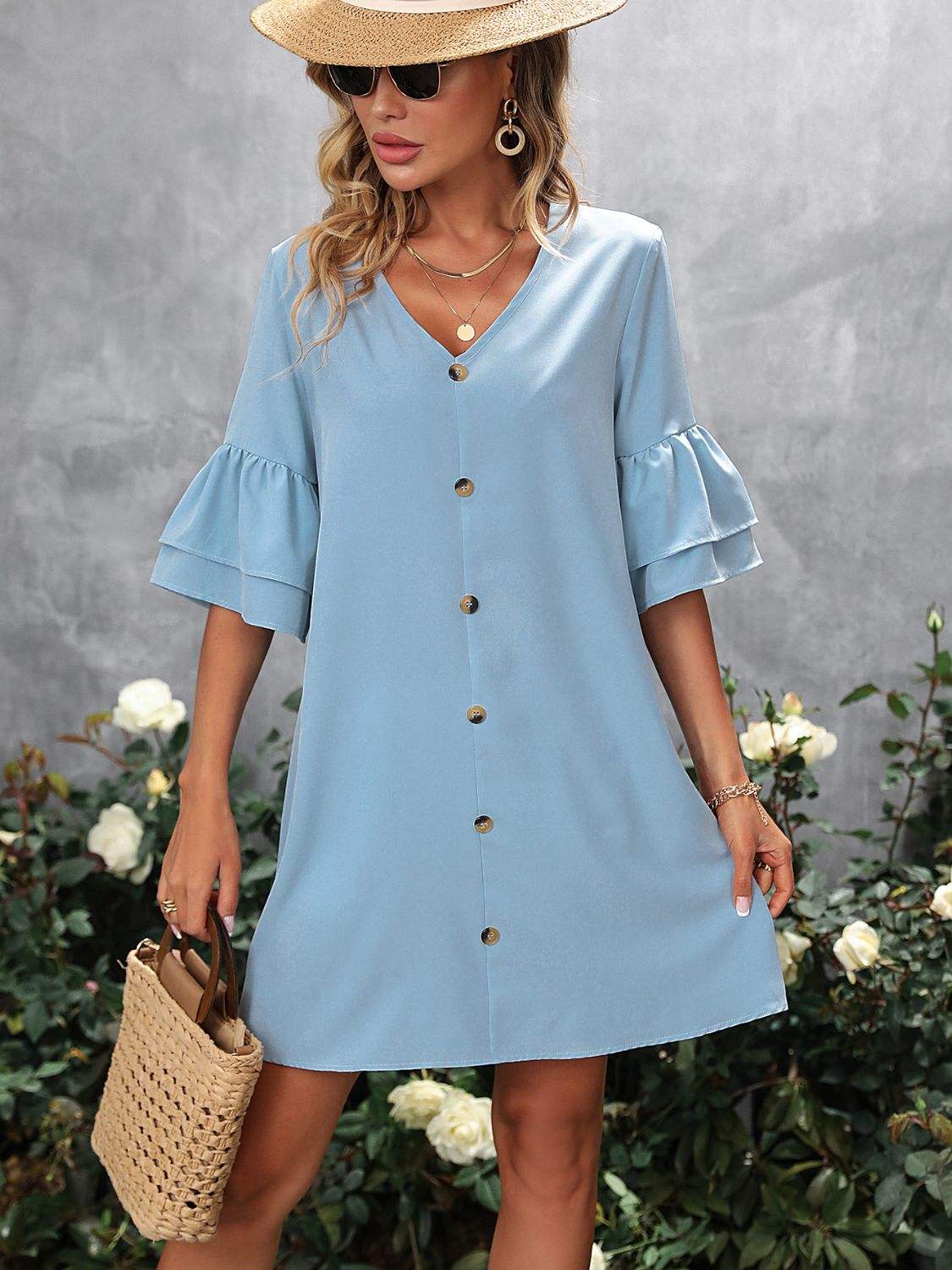 V-Neck Half Sleeve Mini Dress - Trendsi - Flyclothing LLC