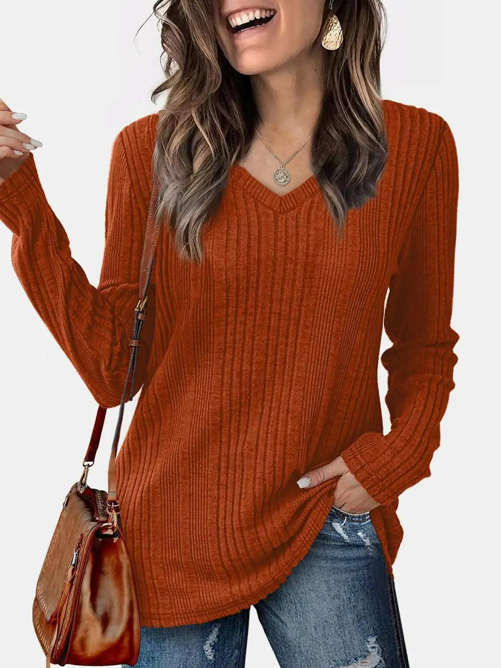 V-Neck Long Sleeve T-Shirt - Trendsi - Flyclothing LLC