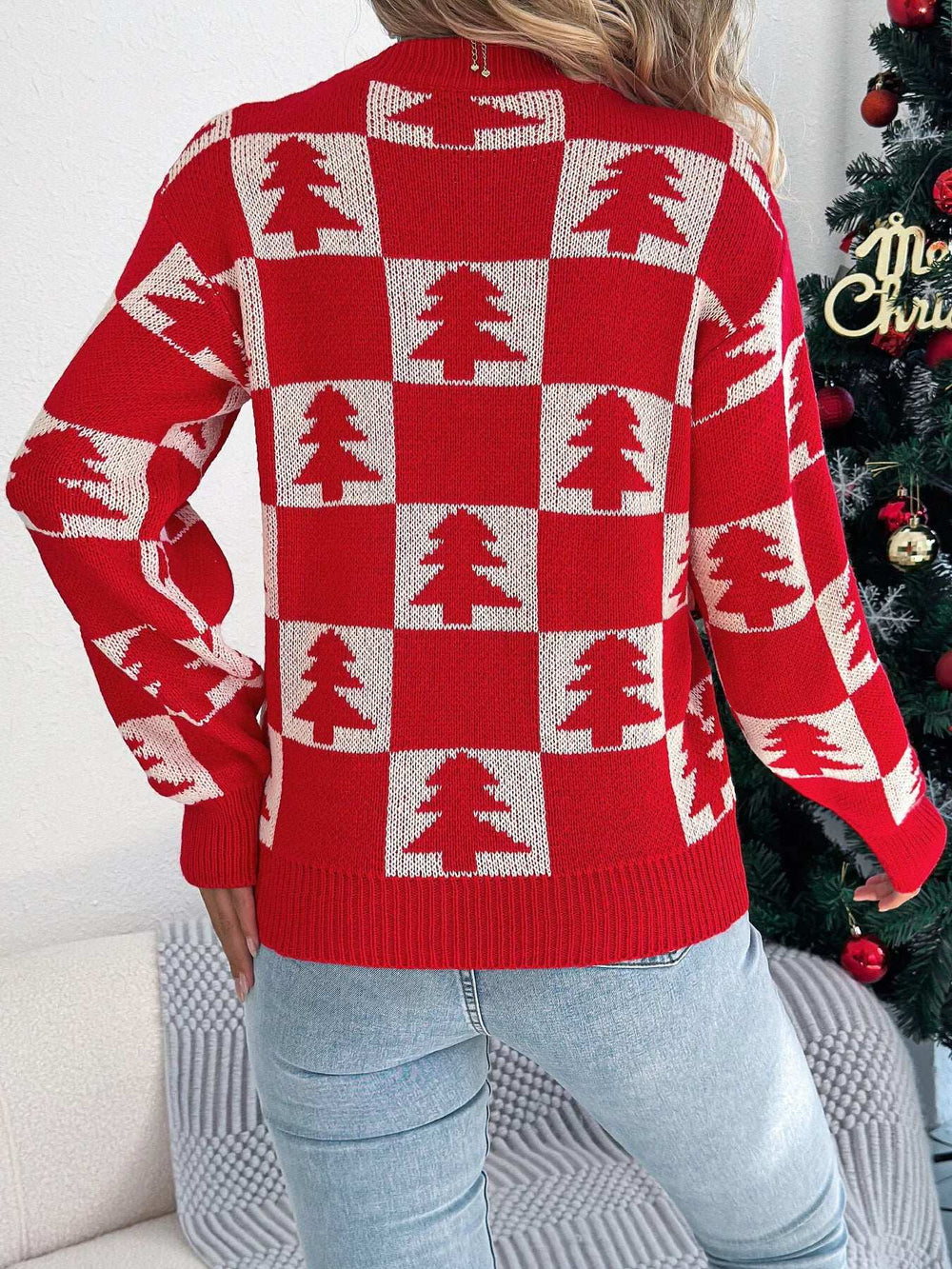 Christmas Tree Checkerboard Pattern Sweater - Trendsi - Flyclothing LLC