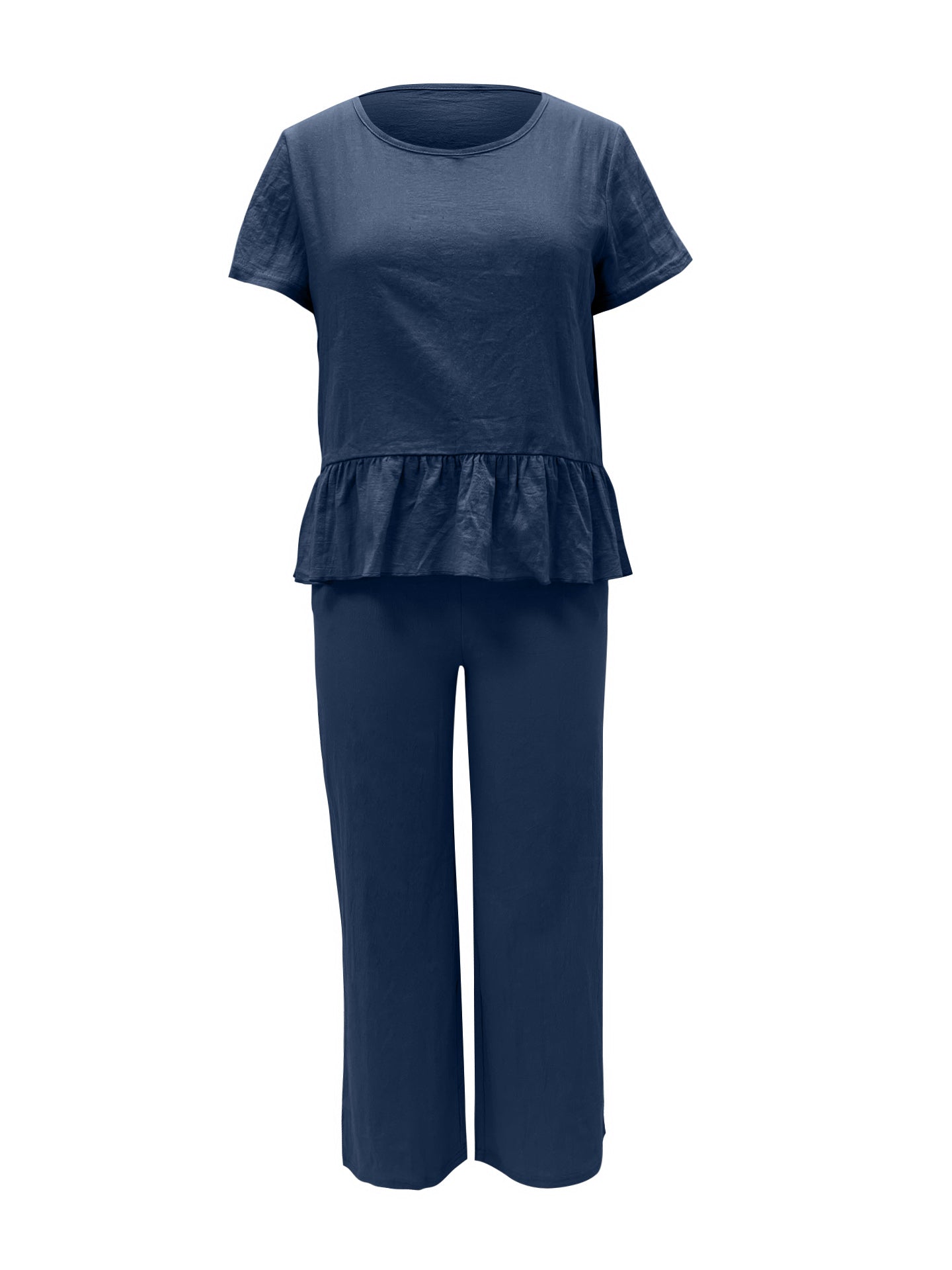 Peplum Round Neck Short Sleeve Top and Pants Set - Trendsi