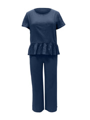 Peplum Round Neck Short Sleeve Top and Pants Set - Trendsi