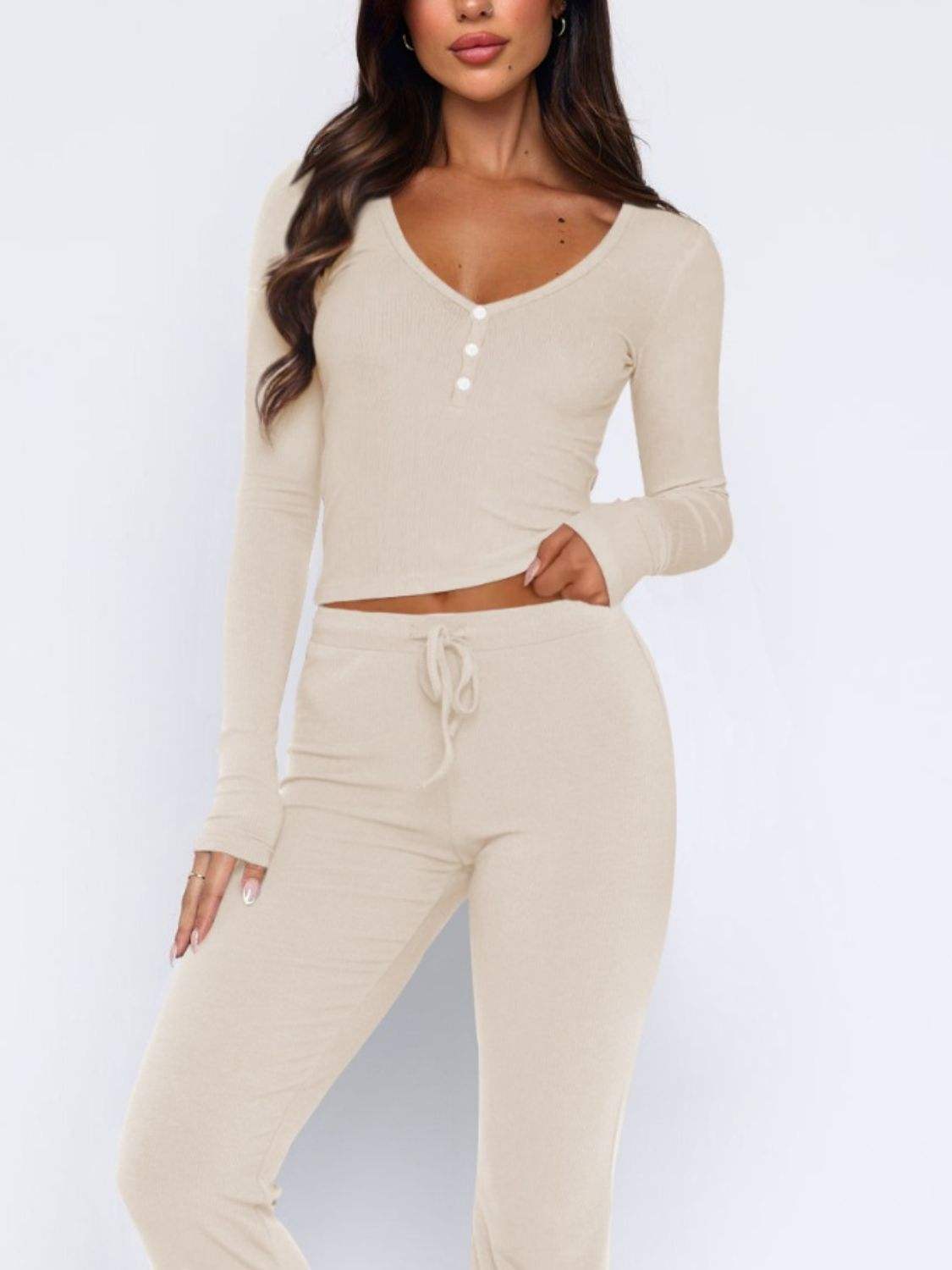 V-Neck Long Sleeve Top and Pants Set - Trendsi - Flyclothing LLC