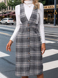 Perfee Pocketed Plaid Overall Dress - Trendsi