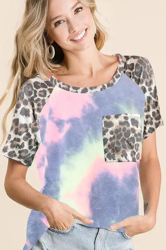 BiBi Tie Dye Knit Top with Leopard Raglan Sleeves - Trendsi - Flyclothing LLC
