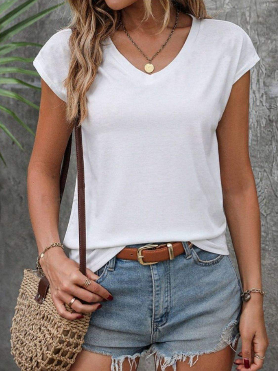 V-Neck Short Sleeve T-Shirt - Trendsi - Flyclothing LLC