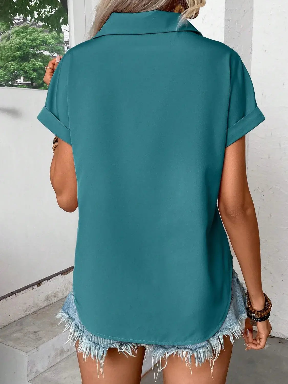 Pleated Detail Collared Neck Short Sleeve Shirt - Trendsi - Flyclothing LLC