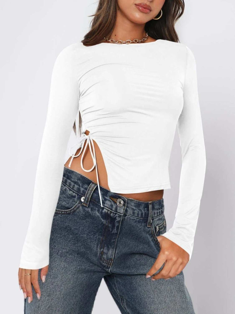 Tied Slit Round Neck Long Sleeve T-Shirt - Trendsi - Flyclothing LLC