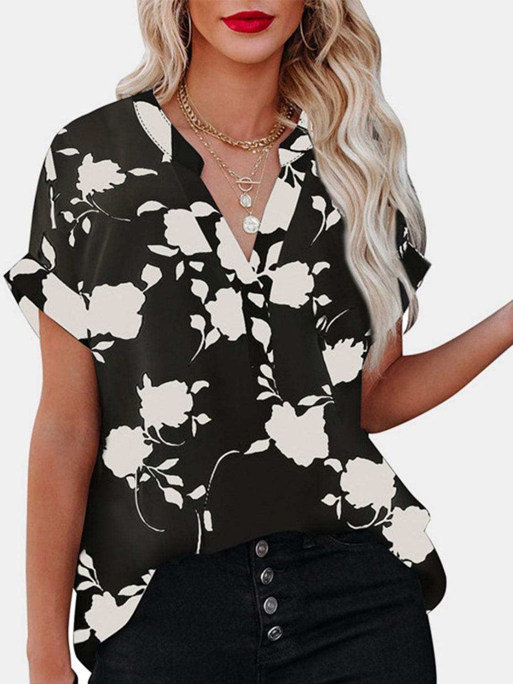 Full Size Printed Notched Short Sleeve Blouse - Trendsi - Flyclothing LLC