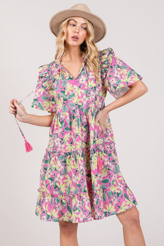 SAGE + FIG Floral Ruffle Short Sleeve Dress - Trendsi
