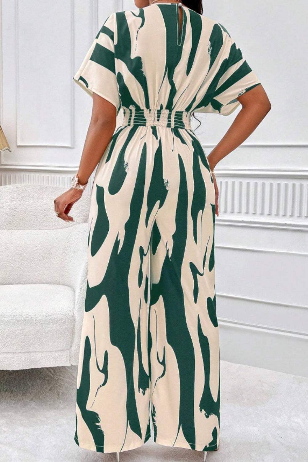 Printed V-Neck Short Sleeve Wide Leg Jumpsuit - Trendsi - Flyclothing LLC