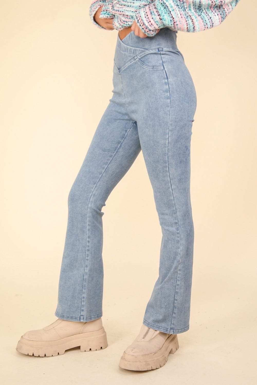 VERY J Washed Denim Stretchy Crossover Waist Leggings - Trendsi - Flyclothing LLC