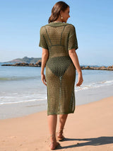 Slit Openwork Johnny Collar Short Sleeve Cover-Up - Trendsi - Flyclothing LLC