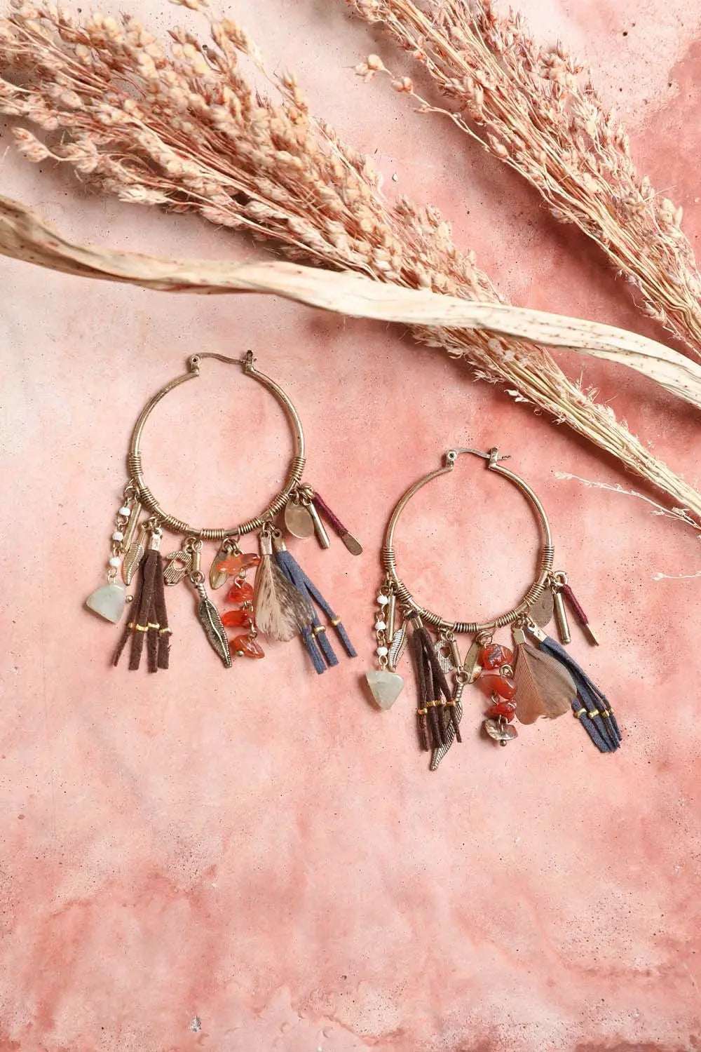 Carnelian & Jade Fringe Hoop Earrings - Boho Clothing and Accessories - Flyclothing LLC
