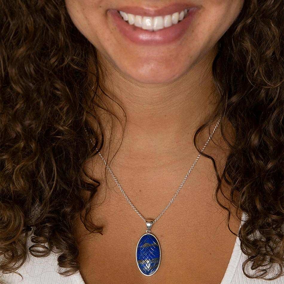 Carved Blue Lapis Sterling Silver Pendant Necklace - Barse Jewelry - Flyclothing LLC